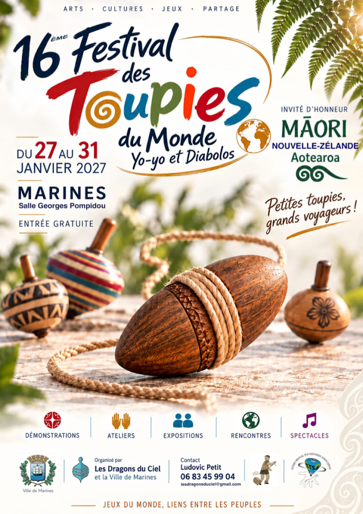 Poster for the 16th Festival des Toupies du Monde, featuring yo-yos and diabolos, scheduled from January 27 to 31, 2027, in Marines, France. The design includes colorful spinning tops, tropical elements, and event details.