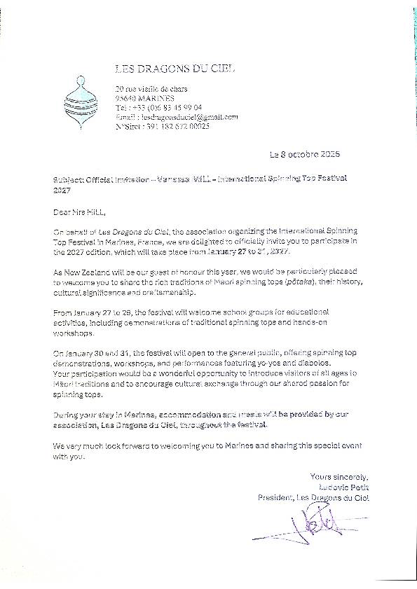 A formal invitation letter from Les Dragons du Ciel, dated October 8, 2025, addressed to 'Mrs. Mill', inviting her to participate in the International Spinning Top Festival 2027 in Marines, France. The letter includes details about the event, including dates, activities, and the involvement of New Zealand's Maori spinning top traditions.
